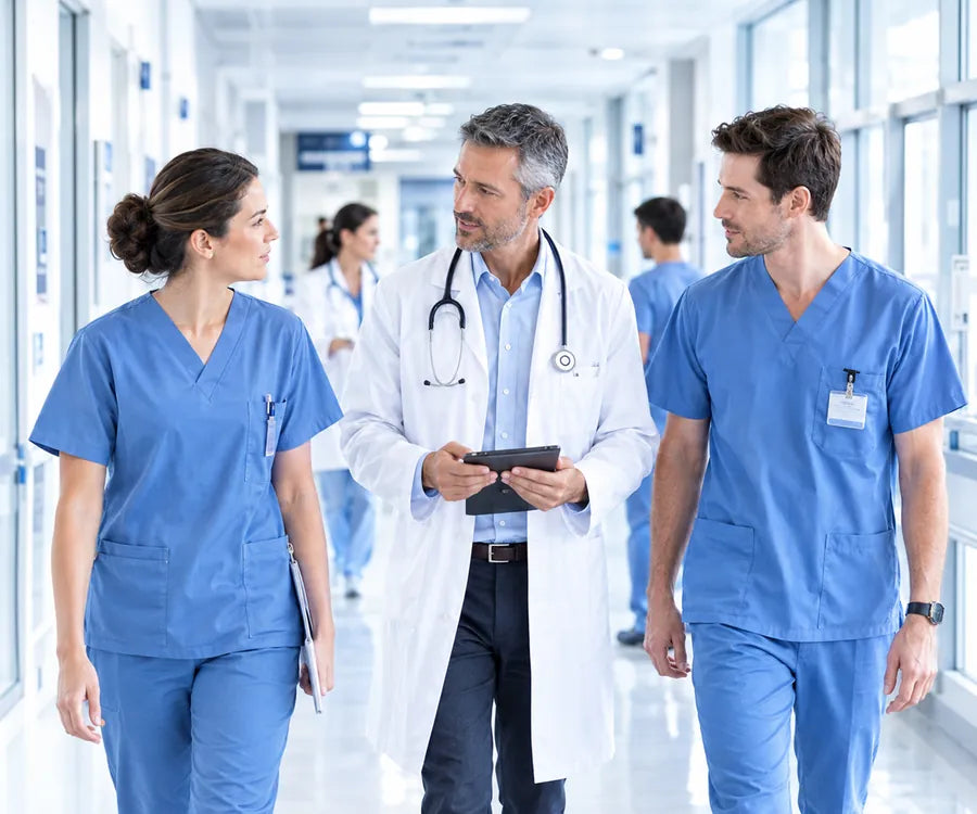 Physicians walking through a hospital corridor